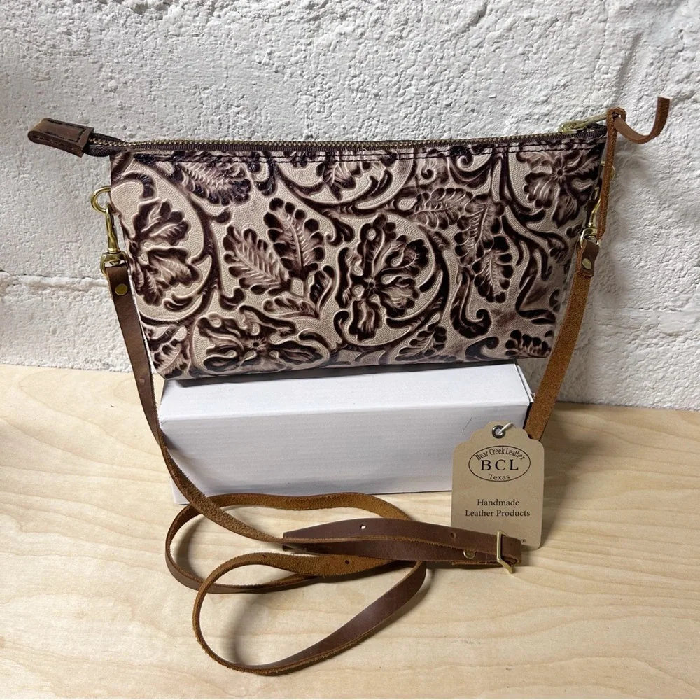 Bear Creek Leather Crossbody Bag with an Embossed Floral Design, Handmade, Brown